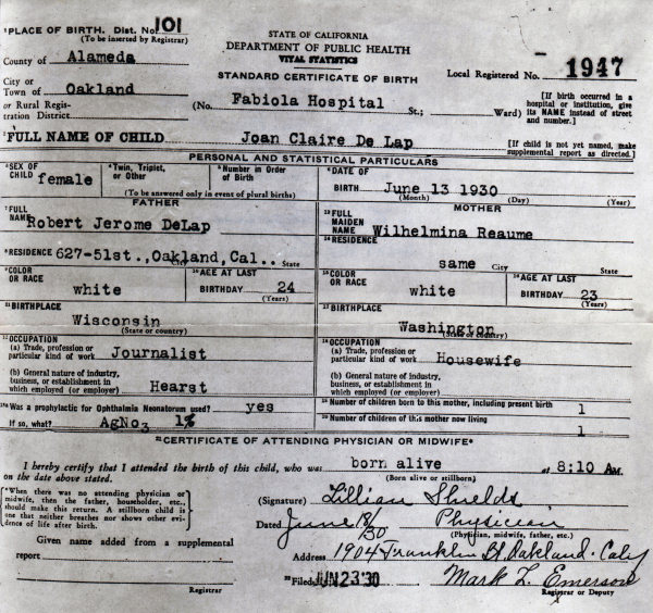 Joan\'s Birth Certificate